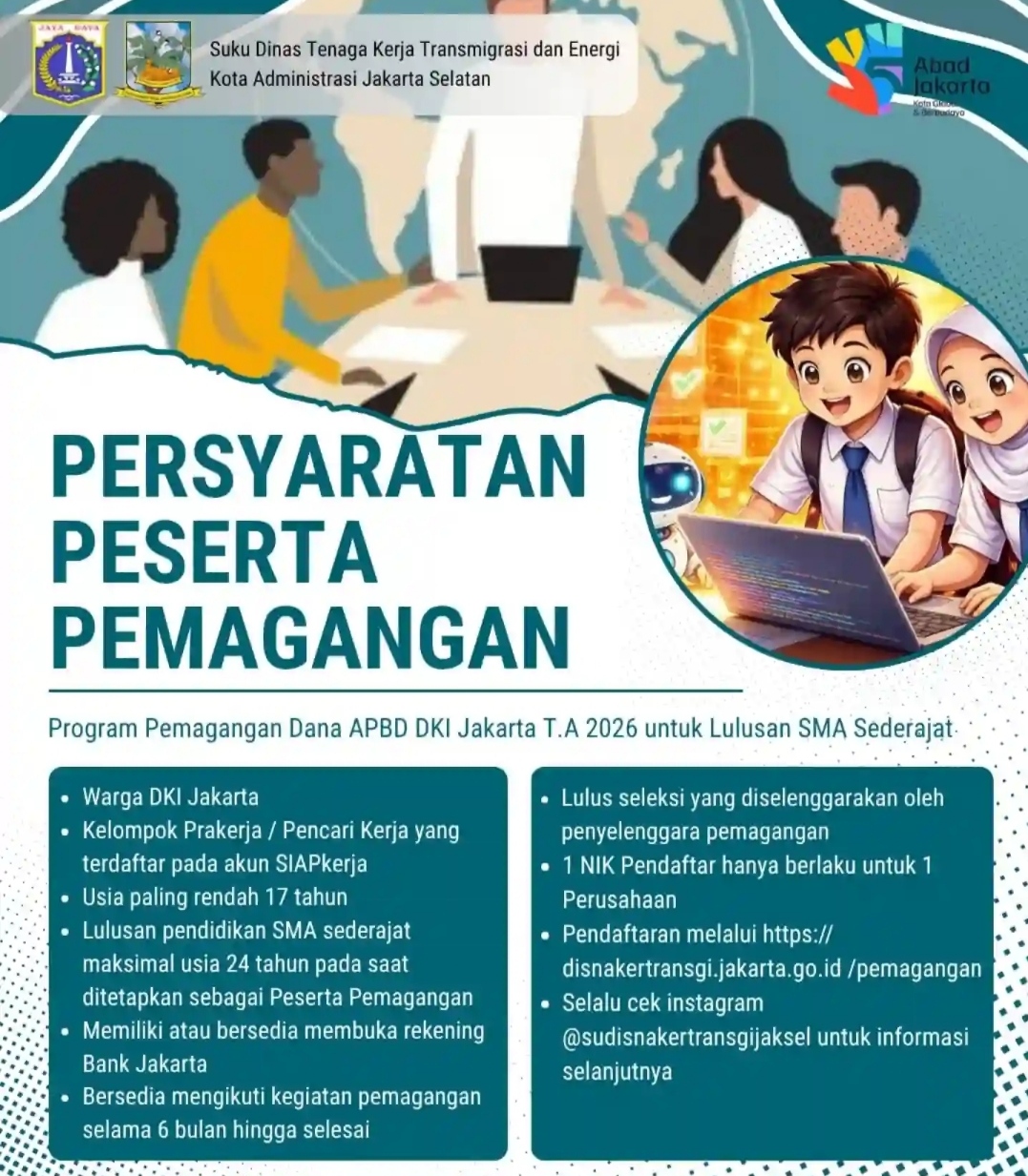 Kabar Gembira! Disnaker Jakarta Selatan Buka Lowongan Magang APBD 2026 untuk Lulusan SMA