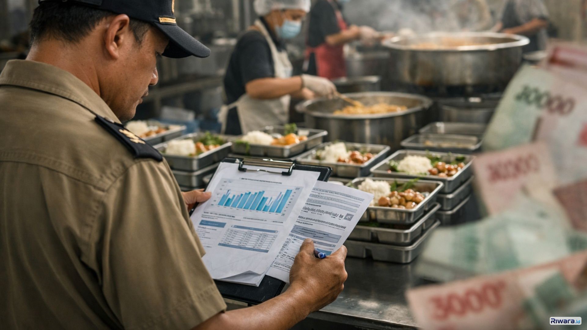 Ilustasi Petugas memeriksa laporan anggaran di dapur Program Makan Bergizi Gratis (MBG) sebagai bagian dari penguatan pengawasan guna memastikan transparansi dan mencegah potensi penyimpangan dana di lapangan.
