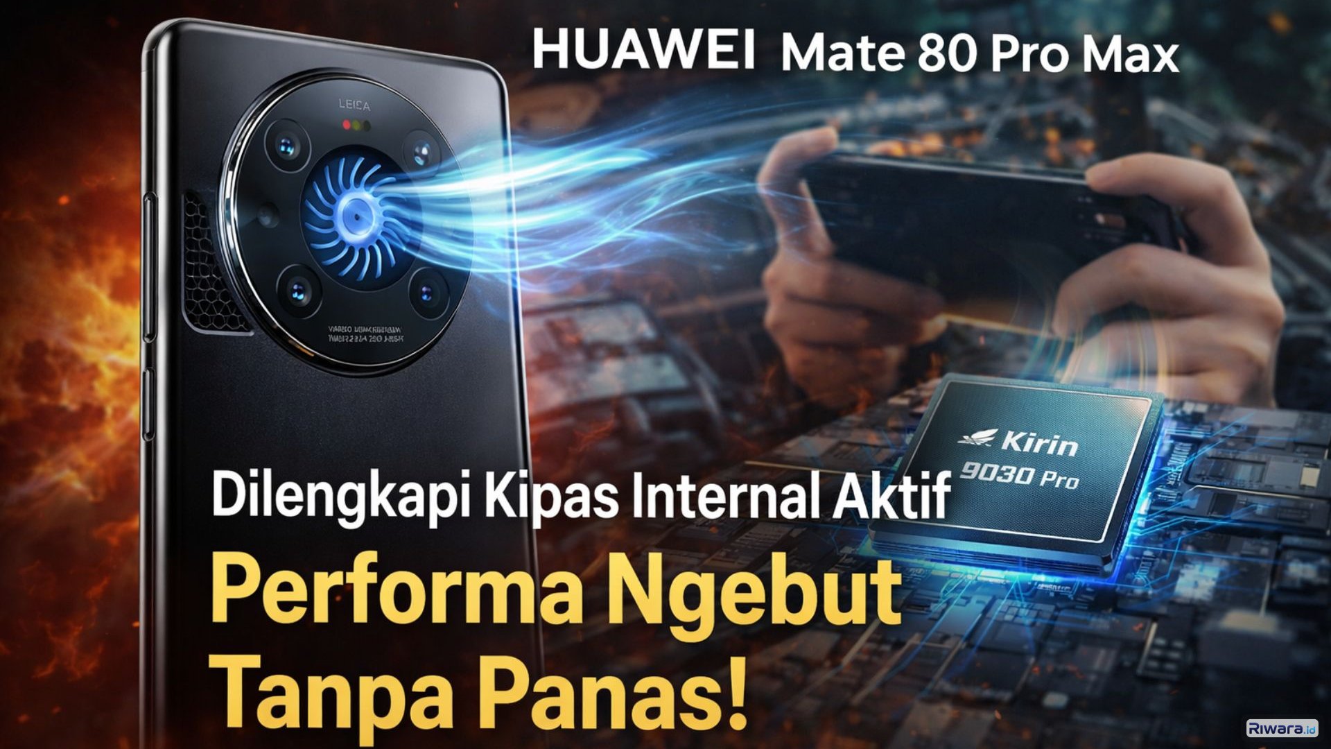 Ilustrasi Mate 80 Pro Max Wind Edition dengan sistem kipas pendingin internal yang dirancang menjaga performa tetap stabil saat penggunaan berat.
