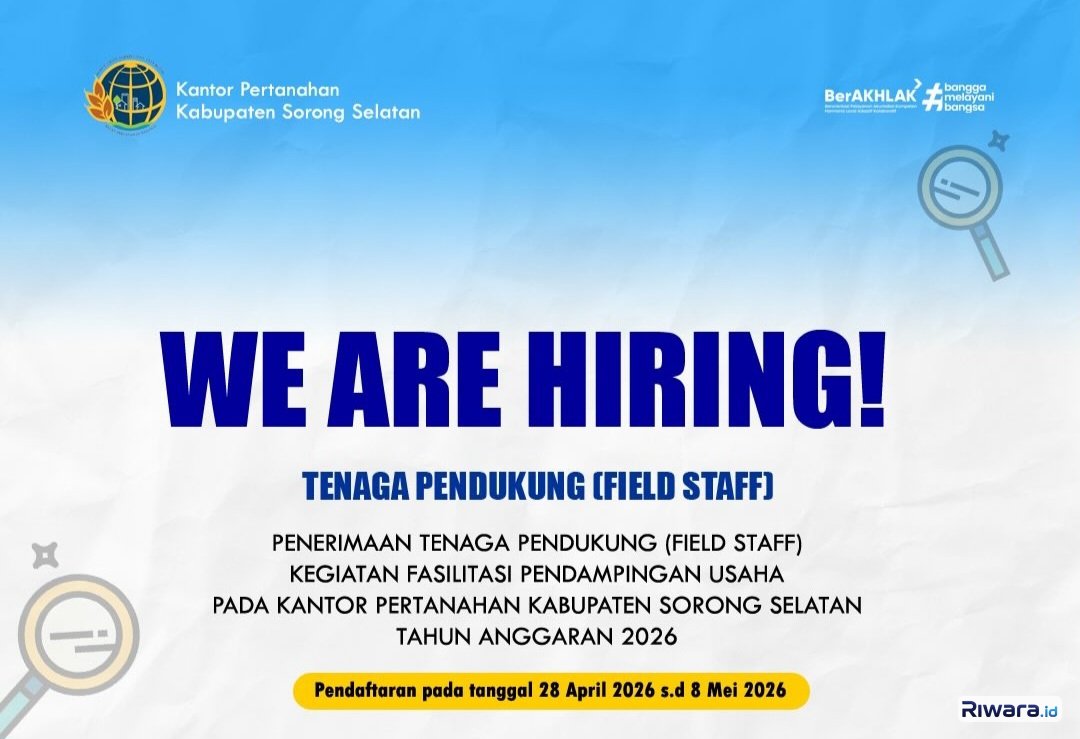 Lowongan Tenaga Pendukung di Kantor Pertanahan Kabupaten Sorong Selatan, Pendidikan Minimal D3, Pendaftaran hingga 8 Mei 2026
