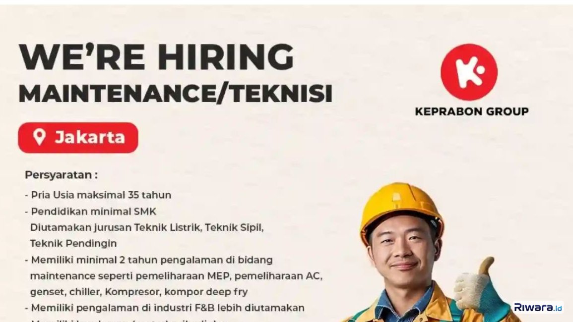 Lowongan Kerja Teknisi Keprabon Group Jakarta, Terbuka untuk Lulusan SMA/SMK Usia hingga 35 Tahun