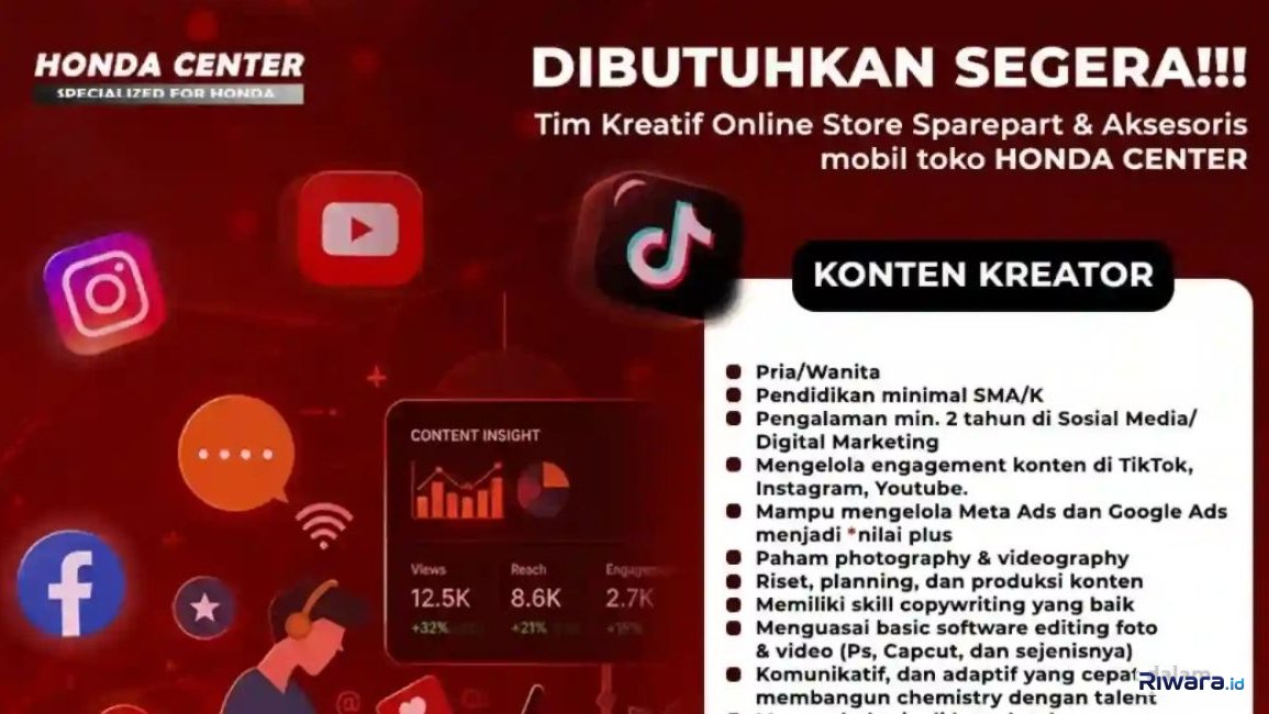 Honda Center Buka Loker Untuk Konten Kreator dan Editor Video, Pendidikan Minimal SMA, Lamar Segera!