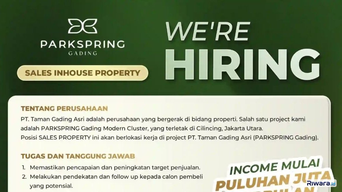 Lowongan Kerja Sales Property Parkspring Gading, Gaji Puluhan Juta!