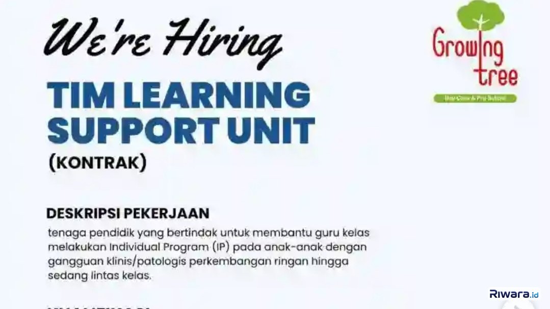 Growing Tree Bekasi Buka Lowongan Learning Support Unit, Cek Syaratnya!