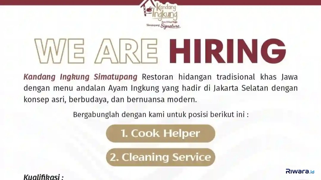 Lowongan kerja cook Helper dan cleaning service