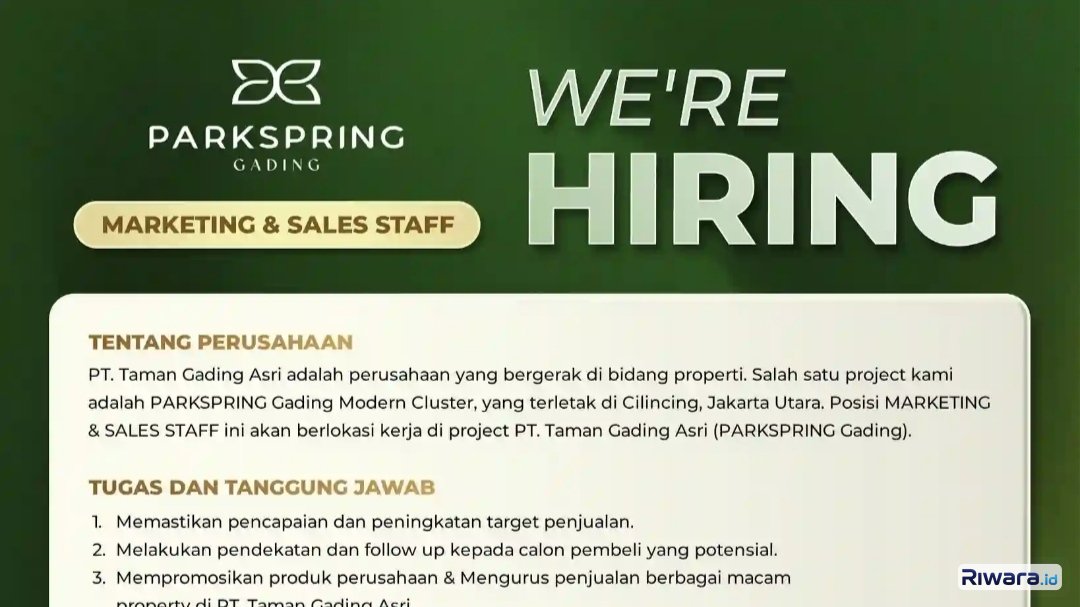 Gaji Tembus Puluhan Juta! Parkspring Gading Buka Lowongan Kerja Marketing & Sales Properti