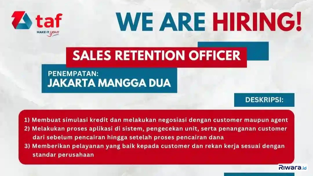 Lowongan Kerja Sales Retention Officer PT Toyota Astra Financial Services (TAF) Jakarta