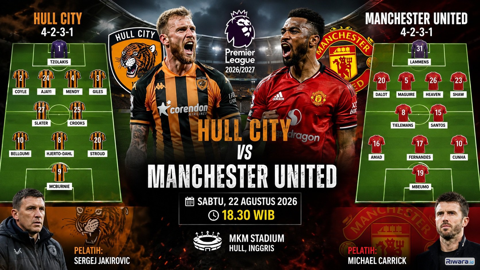 Susunan Pemain dan Prediksi Skor Hull City vs Manchester United Liga Inggris 2026: Dari 12 Bertemu, MU Menang 9 Kali