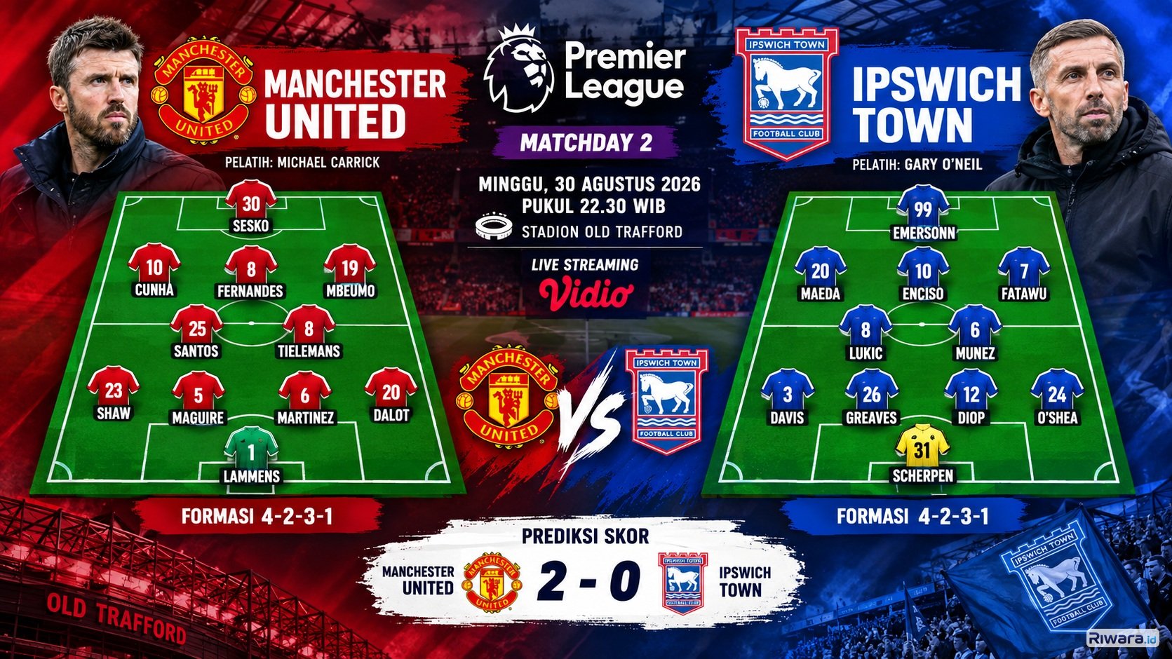 Prediksi Skor Man United vs Ipswich Town Malam Ini, Cek Susunan Pemain Kebangkitan Ala Carrick di Liga Inggris 2026/27