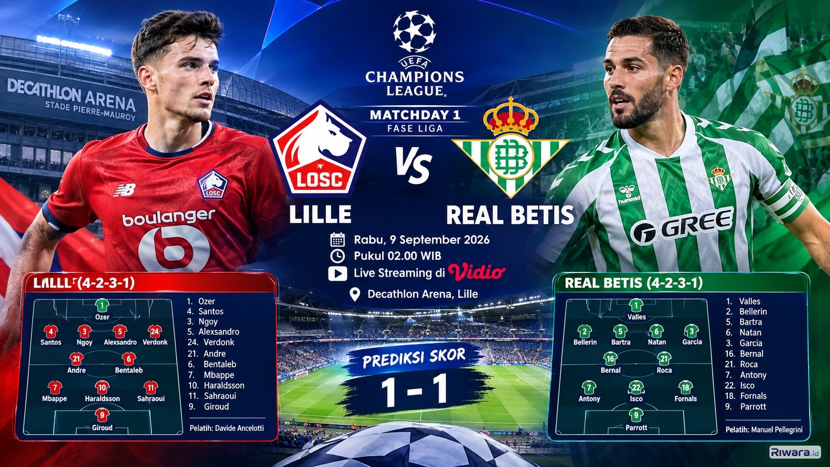 Susunan Pemain dan Prediksi Skor Lille vs Real Betis Liga Champions 2026: Calvin Verdonk Bisa Menang?