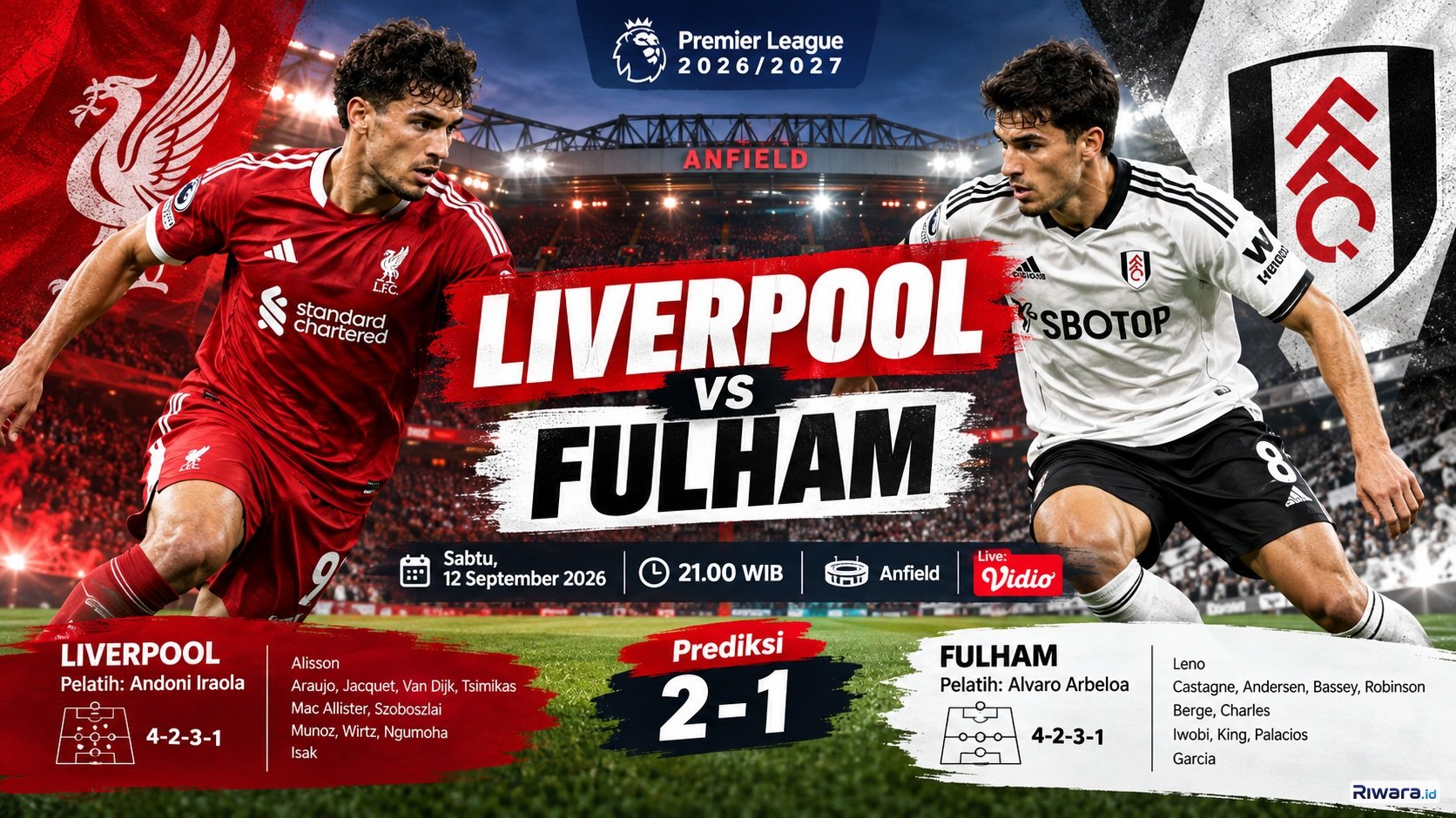Susunan Pemain dan Prediksi Skor Liverpool vs Fulham Premier League 2026: The Reds Diunggulkan Menang