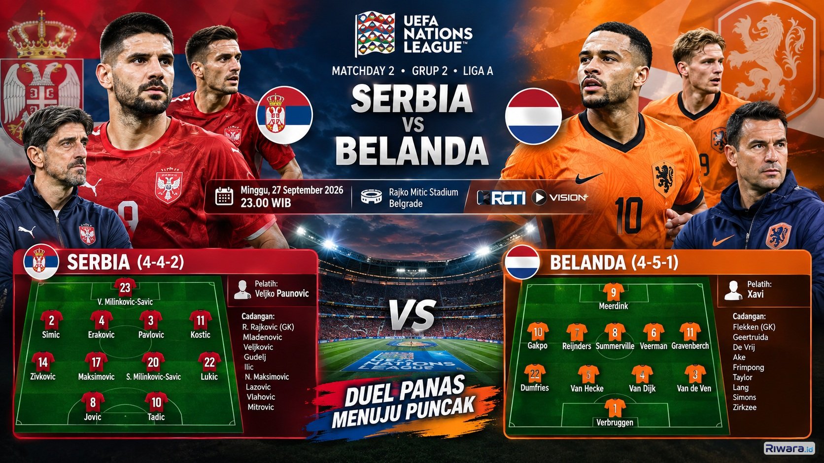 Peluang Xavi! Prediksi Skor Serbia vs Belanda Malam Ini di UNL 2026/27, Cek Susunan Pemain Terbaik
